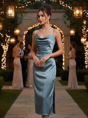 VENUS Sultry Light Blue Satin Slip Midi Dress w/Side Slit Size 10